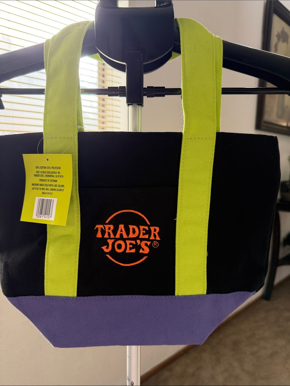 Trader Joe’s Black & Lime Green Tote with Purple Base